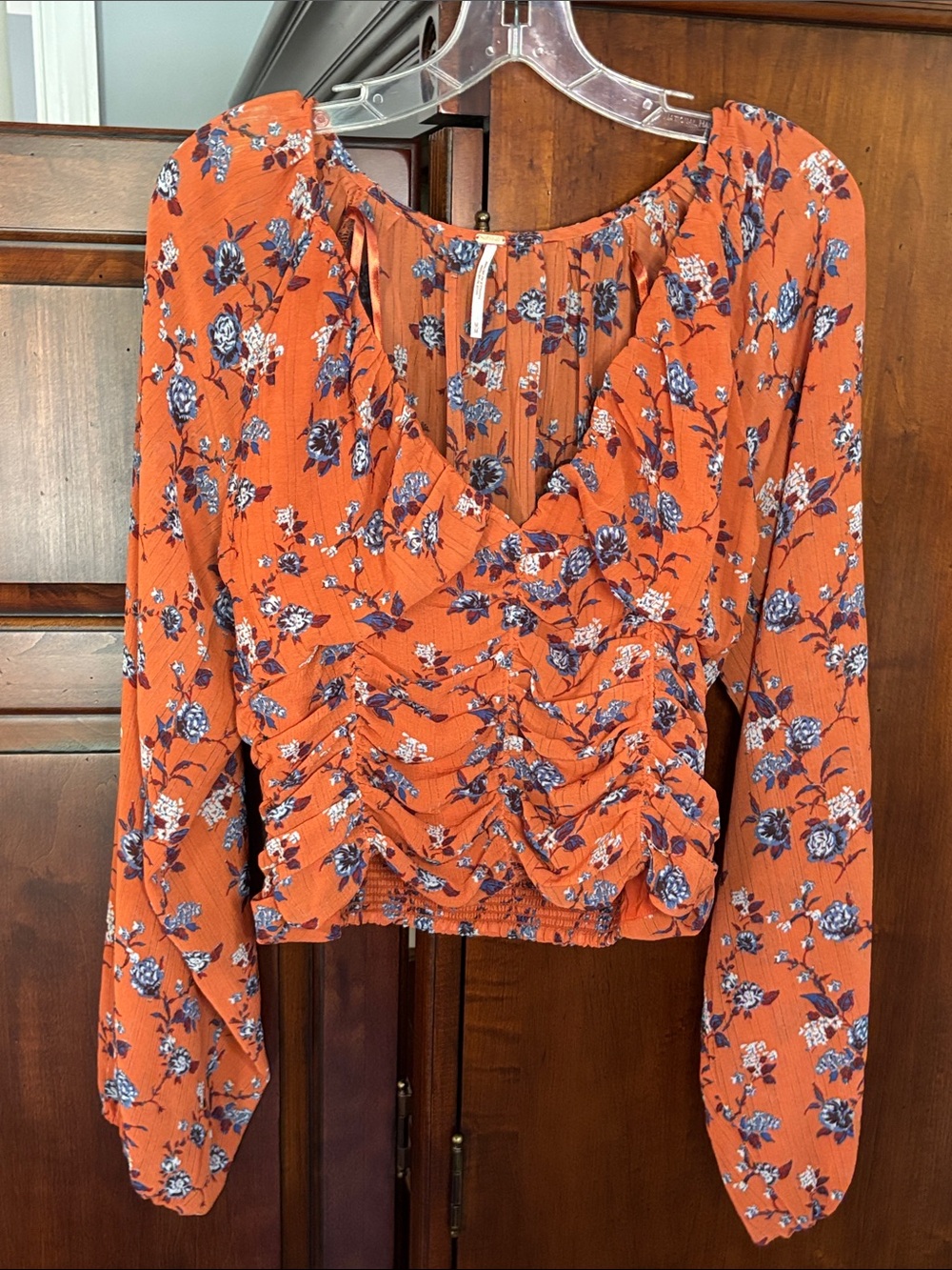 Free People Boho Ruched Front Smocked Back Long Sleeve Blouse, Rust Floral - Picture 6 of 11